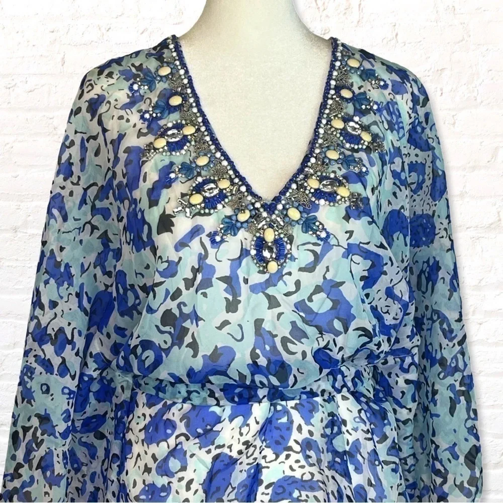 YUMI Kim exotic jungle Swim Cover Tunic kaftan Size M / L Beaded Blue